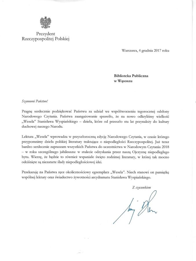 Narodowe Czytanie – podziękowanie Prezydenta Rzeczypospolitej Polskiej